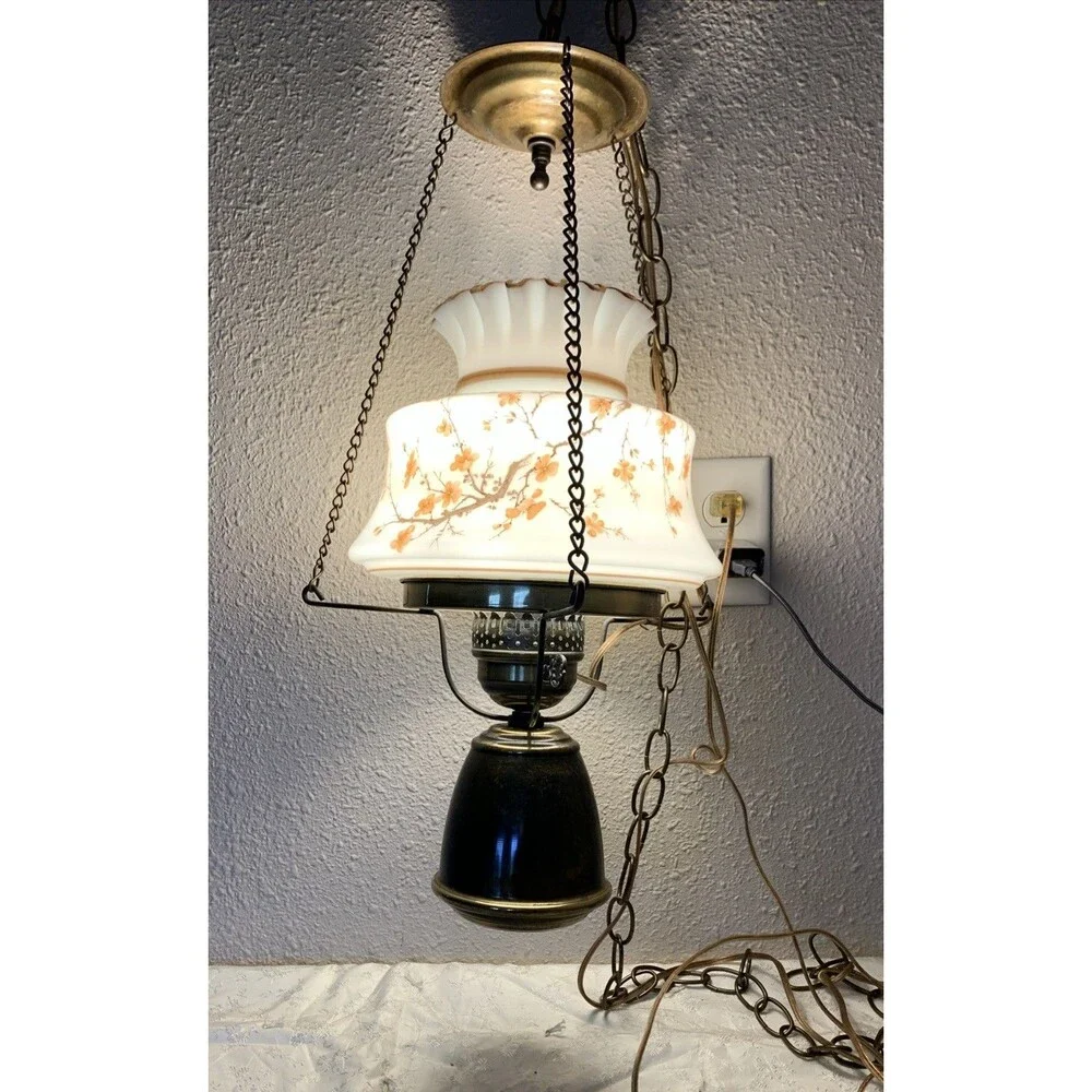 Vintage Hurricane Swag Lamp Floral Milk Glass Country Cottage Portable Hanging